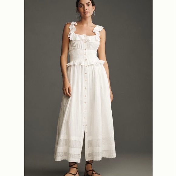 🌿|NWT| Anthropologie Pilcro Ruffled Smocked-Waist Button Front Midi Dress - Picture 4 of 12